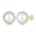 4.5 MM White Pearl and 1/8 Ctw Round Cut Diamond Halo Stud Earrings in 14K Yellow Gold