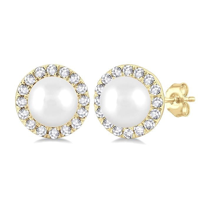 4.5 MM White Pearl and 1/8 Ctw Round Cut Diamond Halo Stud Earrings in 14K Yellow Gold