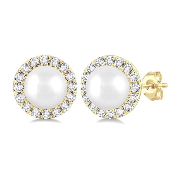 4.5 MM White Pearl and 1/8 Ctw Round Cut Diamond Halo Stud Earrings in 14K Yellow Gold