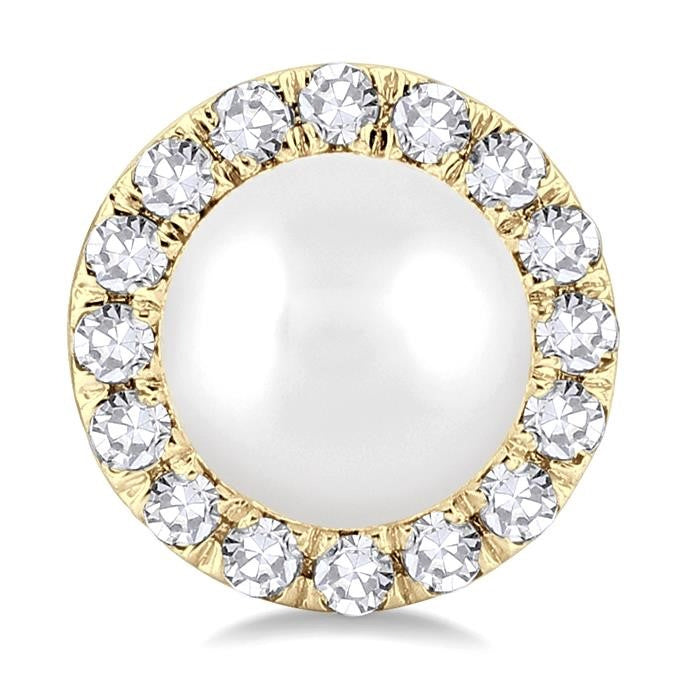4.5 MM White Pearl and 1/8 Ctw Round Cut Diamond Halo Stud Earrings in 14K Yellow Gold