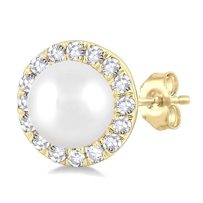 4.5 MM White Pearl and 1/8 Ctw Round Cut Diamond Halo Stud Earrings in 14K Yellow Gold