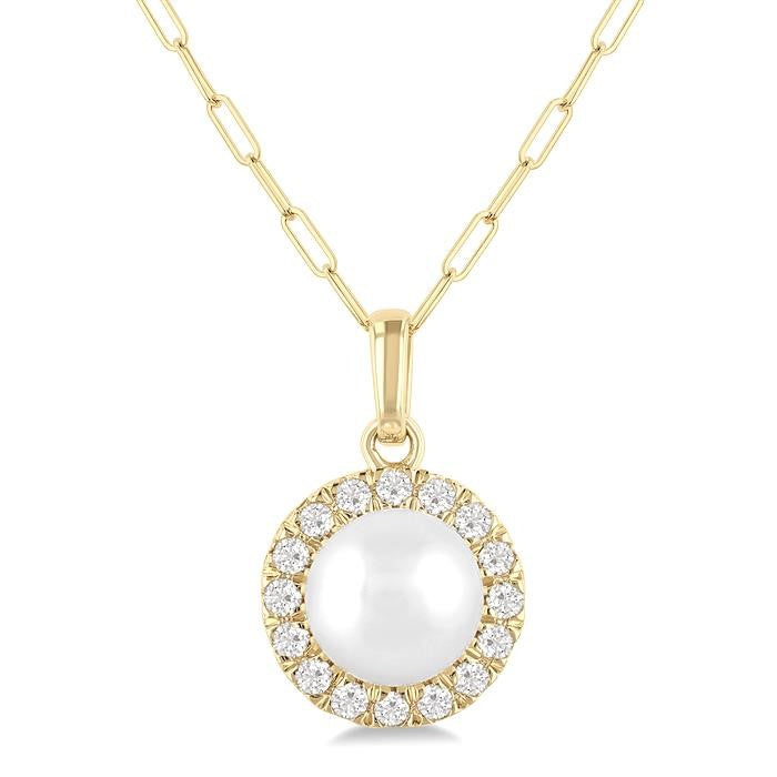 6 MM Cultured White Pearl and 1/6 Ctw Round Cut Diamond Halo Pendant With Chain in 10K Yellow Gold