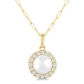 6 MM Cultured White Pearl and 1/6 Ctw Round Cut Diamond Halo Pendant With Chain in 10K Yellow Gold