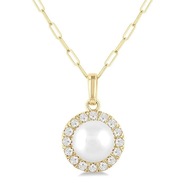 6 MM Cultured White Pearl and 1/6 Ctw Round Cut Diamond Halo Pendant With Chain in 10K Yellow Gold