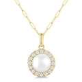 6 MM Cultured White Pearl and 1/6 Ctw Round Cut Diamond Halo Pendant With Chain in 10K Yellow Gold