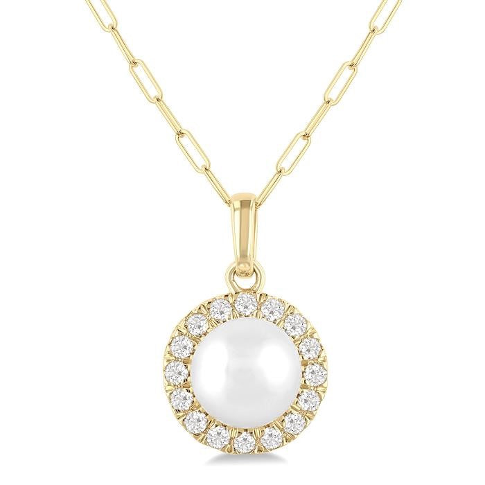 6 MM Cultured White Pearl and 1/6 Ctw Round Cut Diamond Halo Pendant With Chain in 10K Yellow Gold