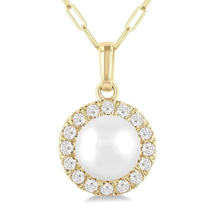 6 MM Cultured White Pearl and 1/6 Ctw Round Cut Diamond Halo Pendant With Chain in 10K Yellow Gold