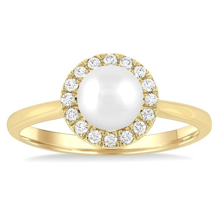 6 MM White Cultured Pearl and 1/6 Ctw Round Cut Diamond Halo Ring in 10K Yellow Gold