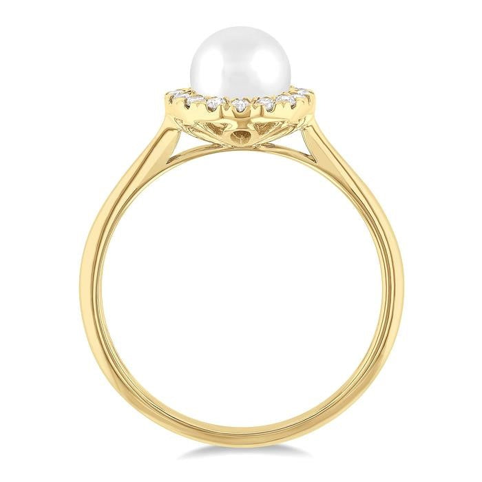 6 MM White Cultured Pearl and 1/6 Ctw Round Cut Diamond Halo Ring in 10K Yellow Gold