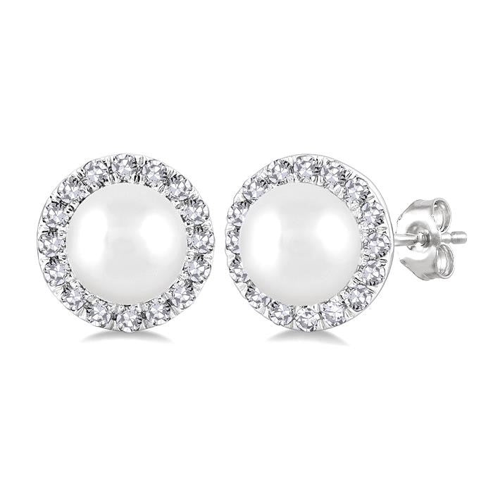 4.5 MM White Cultured Pearl and 1/8 Ctw Round Cut Diamond Halo Stud Earrings in 10K White Gold