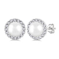 4.5 MM White Cultured Pearl and 1/8 Ctw Round Cut Diamond Halo Stud Earrings in 10K White Gold