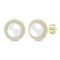 4.5 MM White Cultured Pearl and 1/8 Ctw Round Cut Diamond Halo Stud Earrings in 10K Yellow Gold