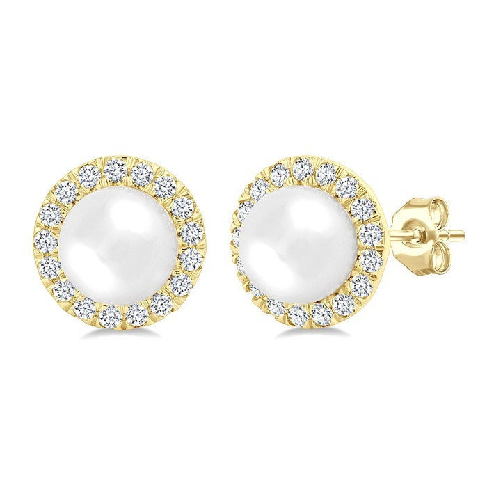 4.5 MM White Cultured Pearl and 1/8 Ctw Round Cut Diamond Halo Stud Earrings in 10K Yellow Gold