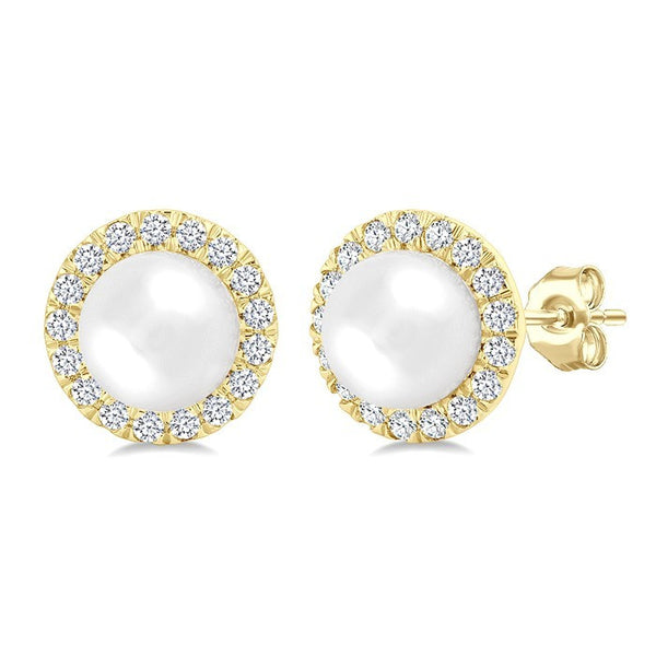 4.5 MM White Cultured Pearl and 1/8 Ctw Round Cut Diamond Halo Stud Earrings in 10K Yellow Gold