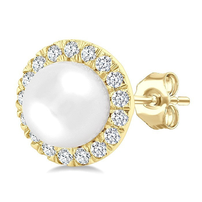 4.5 MM White Cultured Pearl and 1/8 Ctw Round Cut Diamond Halo Stud Earrings in 10K Yellow Gold