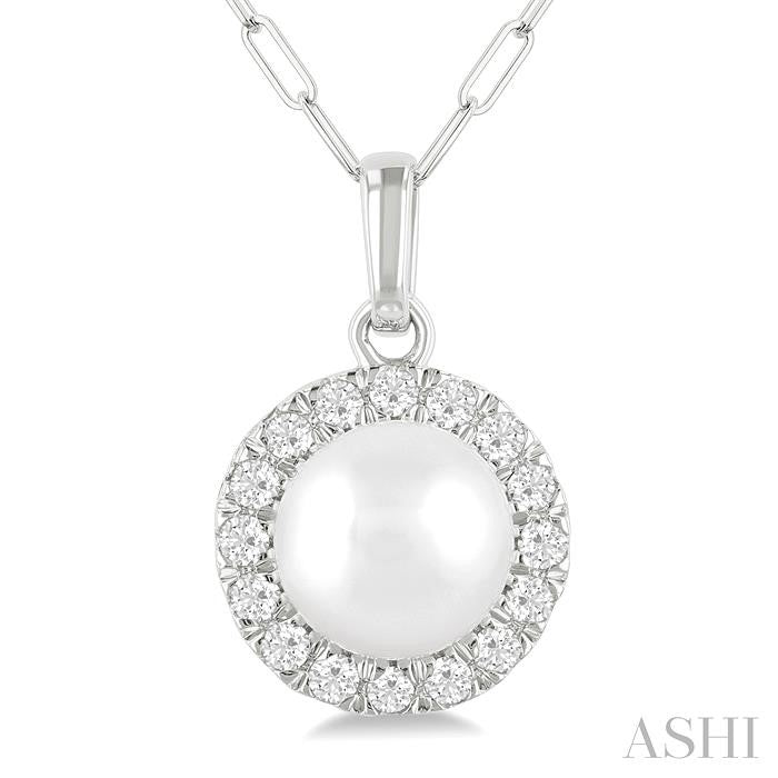 6 MM Cultured White Pearl and 1/6 Ctw Round Cut Diamond Halo Pendant With Chain in 14K White Gold