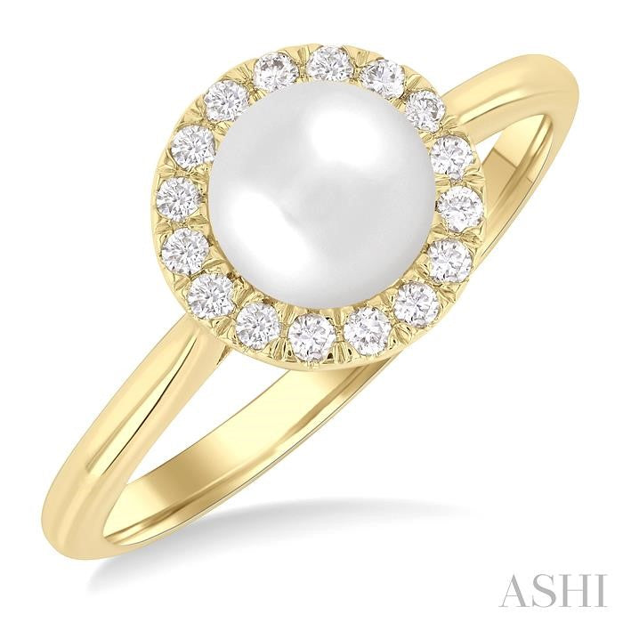 6 MM White Cultured Pearl and 1/6 Ctw Round Cut Diamond Halo Ring in 10K Yellow Gold
