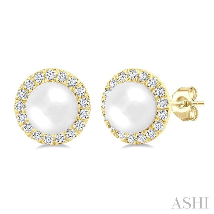 4.5 MM White Cultured Pearl and 1/8 Ctw Round Cut Diamond Halo Stud Earrings in 10K Yellow Gold