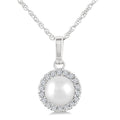 5 MM Cultured White Pearl and 1/20 Ctw Round Cut Diamond Halo Pendant With Chain in 14K White Gold