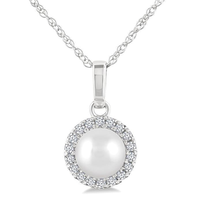 5 MM Cultured White Pearl and 1/20 Ctw Round Cut Diamond Halo Pendant With Chain in 14K White Gold