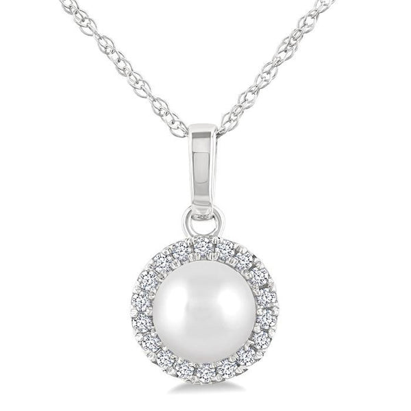 5 MM Cultured White Pearl and 1/20 Ctw Round Cut Diamond Halo Pendant With Chain in 14K White Gold