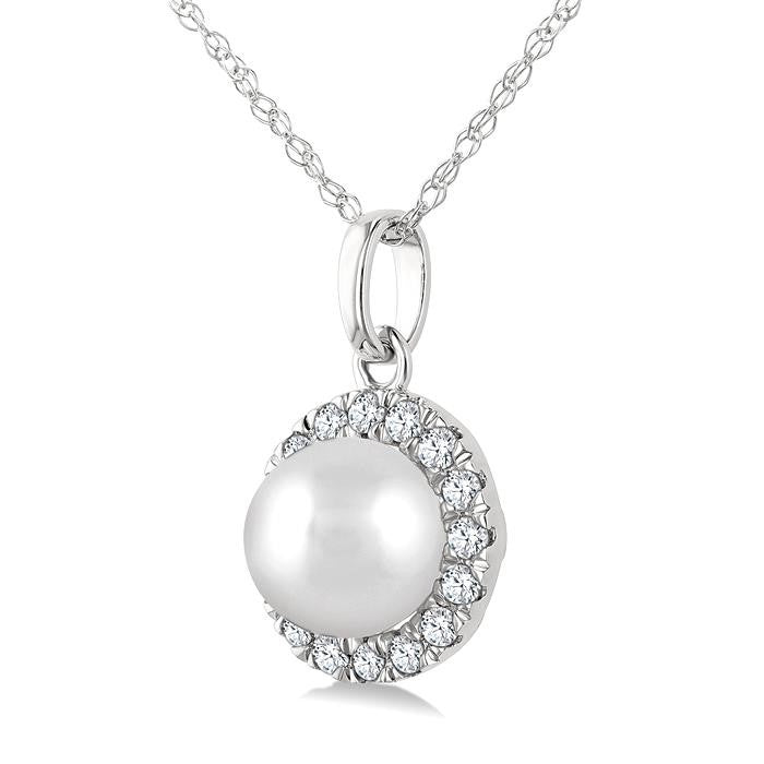 5 MM Cultured White Pearl and 1/20 Ctw Round Cut Diamond Halo Pendant With Chain in 14K White Gold