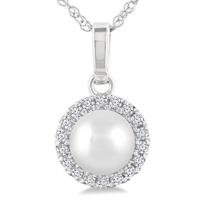 5 MM Cultured White Pearl and 1/20 Ctw Round Cut Diamond Halo Pendant With Chain in 14K White Gold