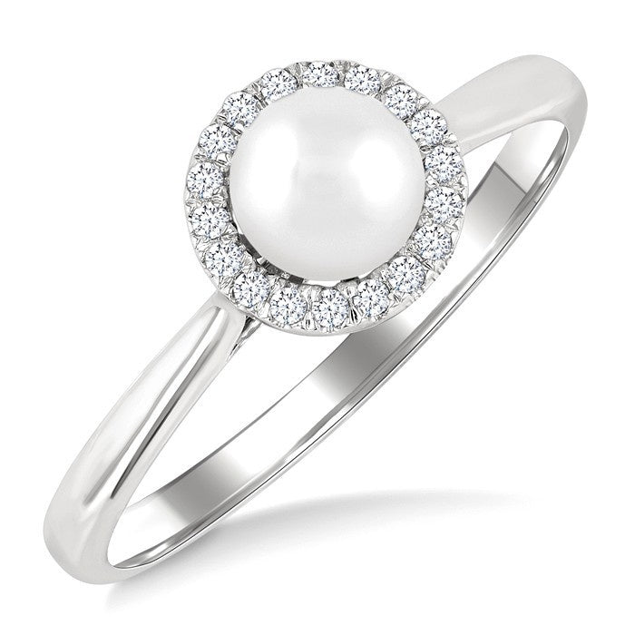 5 MM White Cultured Pearl and 1/20 Ctw Round Cut Diamond Halo Ring in 14K White Gold
