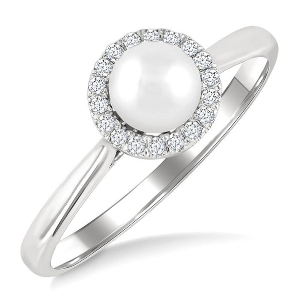 5 MM White Cultured Pearl and 1/20 Ctw Round Cut Diamond Halo Ring in 14K White Gold