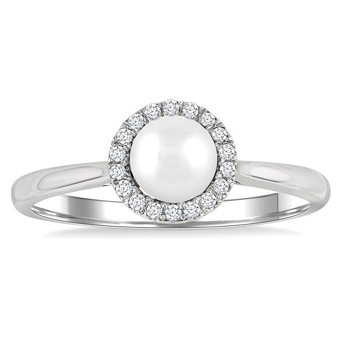 5 MM White Cultured Pearl and 1/20 Ctw Round Cut Diamond Halo Ring in 14K White Gold