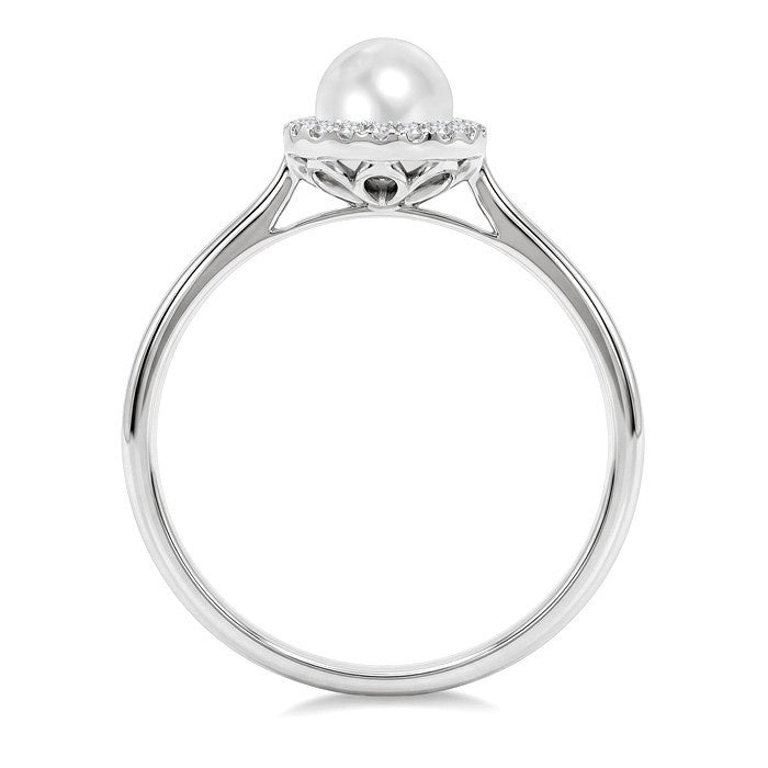 5 MM White Cultured Pearl and 1/20 Ctw Round Cut Diamond Halo Ring in 14K White Gold