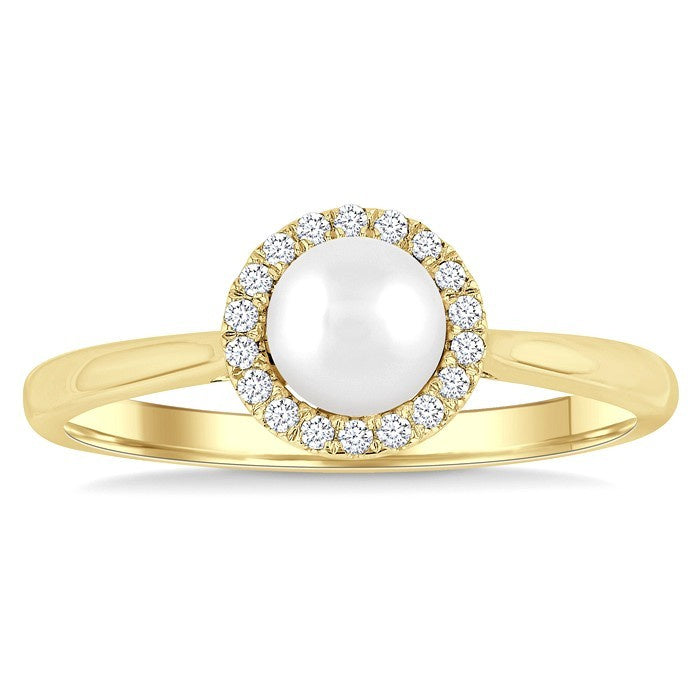 5 MM White Pearl and 1/20 Ctw Round Cut Diamond Halo Ring in 14K Yellow Gold