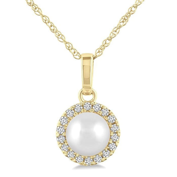 5 MM White Cultured Pearl and 1/20 Ctw Round Cut Diamond Halo Pendant With Chain in 10K Yellow Gold