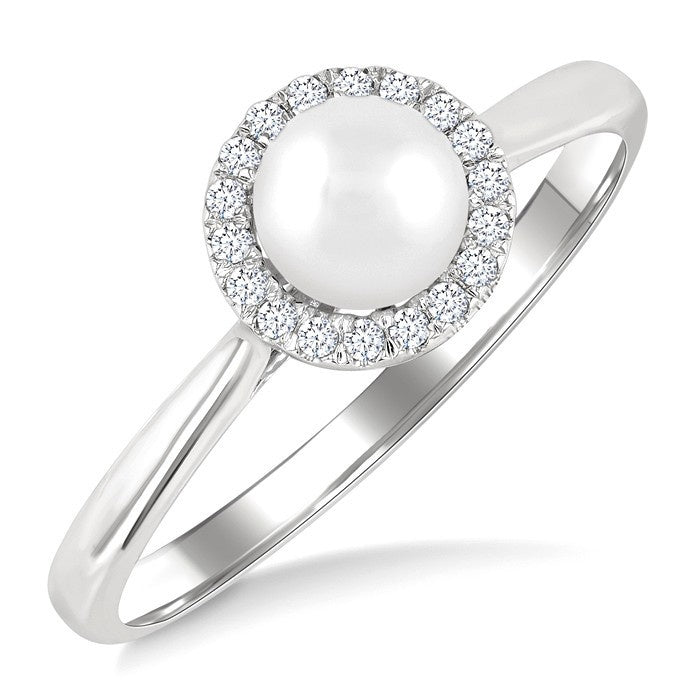 5 MM White Cultured Pearl and 1/20 Ctw Round Cut Diamond Halo Ring in 10K White Gold