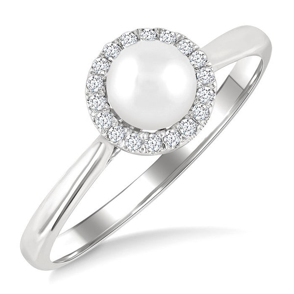 5 MM White Cultured Pearl and 1/20 Ctw Round Cut Diamond Halo Ring in 10K White Gold
