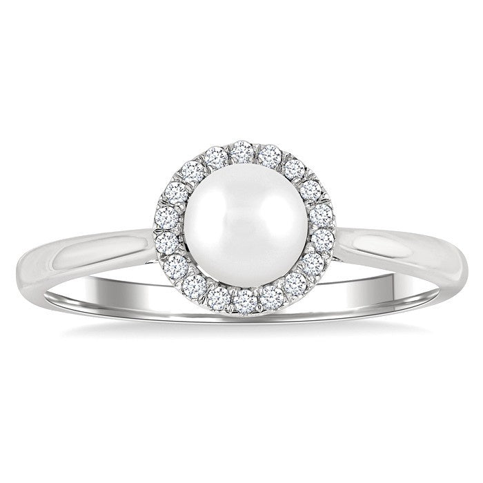 5 MM White Cultured Pearl and 1/20 Ctw Round Cut Diamond Halo Ring in 10K White Gold