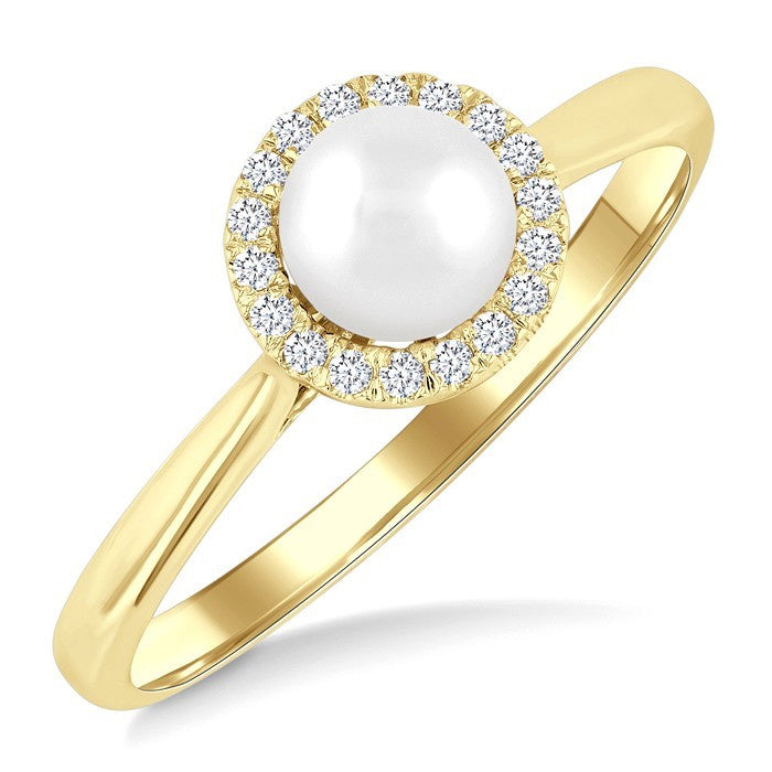 5 MM White Cultured Pearl and 1/20 Ctw Round Cut Diamond Halo Ring in 10K Yellow Gold