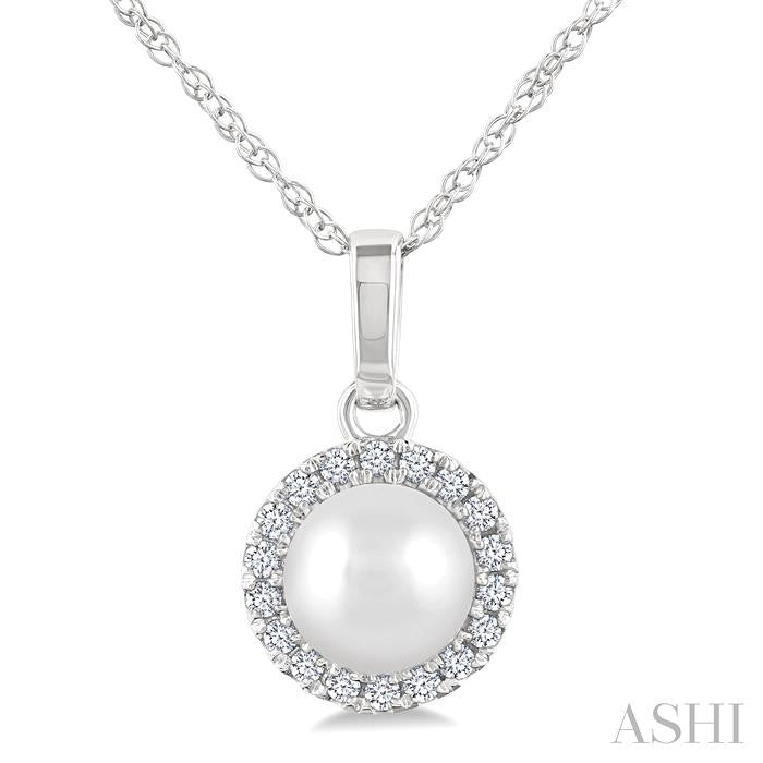 5 MM Cultured White Pearl and 1/20 Ctw Round Cut Diamond Halo Pendant With Chain in 14K White Gold