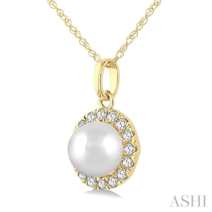 5 MM Cultured White Pearl and 1/20 Ctw Round Cut Diamond Halo Pendant With Chain in 14K Yellow Gold