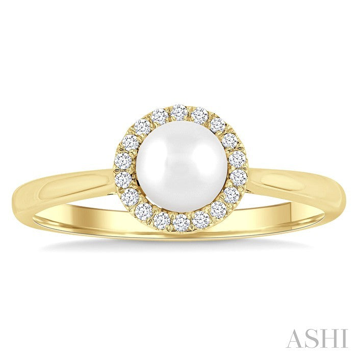 5 MM White Pearl and 1/20 Ctw Round Cut Diamond Halo Ring in 14K Yellow Gold