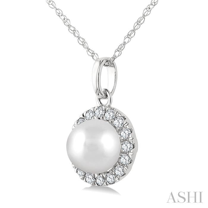 5 MM Cultured White Pearl and 1/20 Ctw Round Cut Diamond Halo Pendant With Chain in 10K White Gold