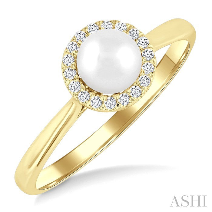 5 MM White Cultured Pearl and 1/20 Ctw Round Cut Diamond Halo Ring in 10K Yellow Gold