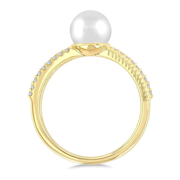 7MM Cultured Pearl and 1/10 Ctw Round Cut Diamond Criss Cross Fashion Ring in 10K Yellow Gold