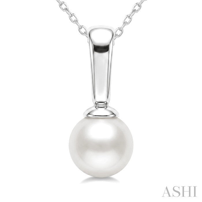 5 MM White Cultured Pearl Solitaire Pendant With Chain in 10K White Gold