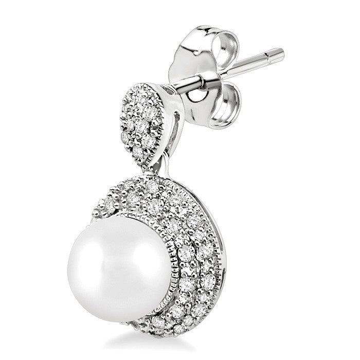 6 MM Cultured Pearls and 1/3 Ctw Round Cut Diamond Earrings in 10K White Gold