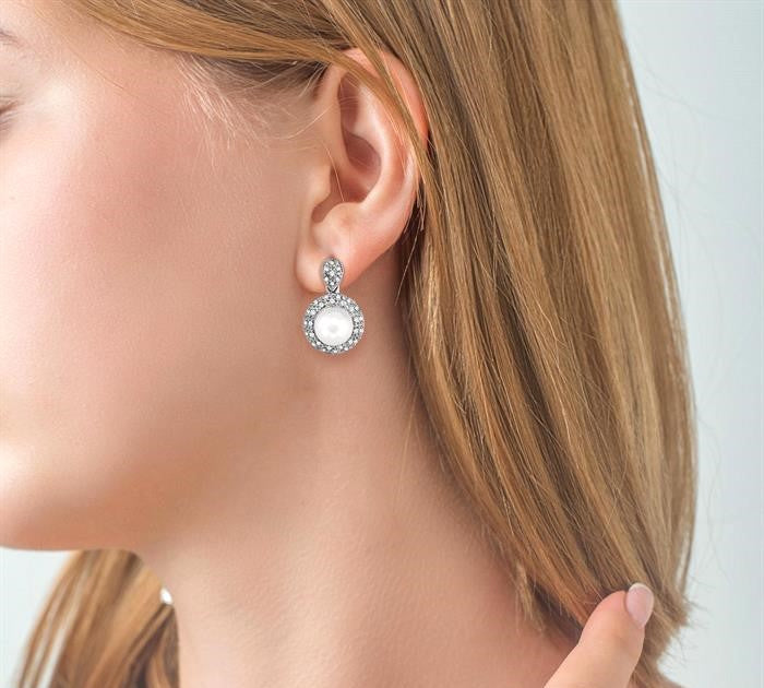 6 MM Cultured Pearls and 1/3 Ctw Round Cut Diamond Earrings in 10K White Gold