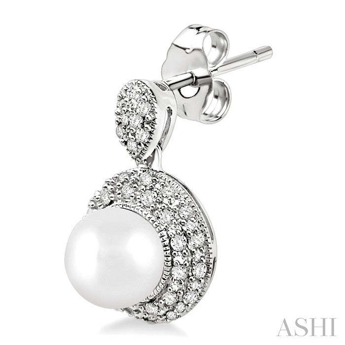 6 MM Cultured Pearls and 1/3 Ctw Round Cut Diamond Earrings in 10K White Gold