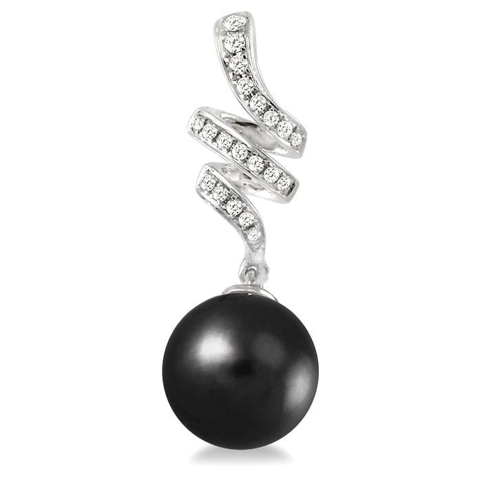 9 MM Black Cultured Pearls and 1/5 Ctw Round Cut Diamond Earrings in 14K White Gold