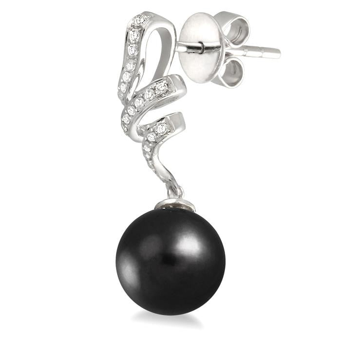 9 MM Black Cultured Pearls and 1/5 Ctw Round Cut Diamond Earrings in 14K White Gold