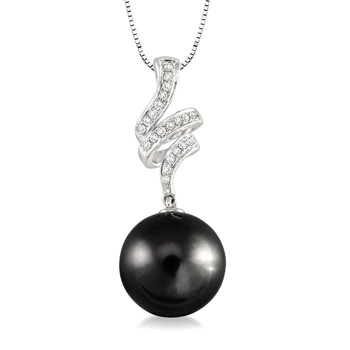 10 MM Black Cultured Pearl and 1/8 Ctw Round Cut Diamond Pendant in 14K White Gold with Chain
